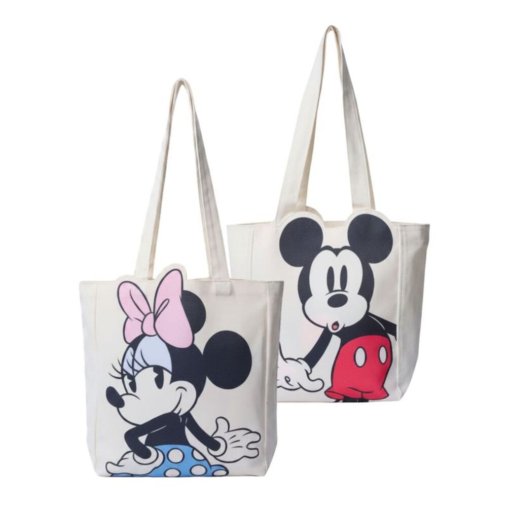 New Disney Mickey and Minnie Mouse Die-Cut Canvas Tote Bag (2 Pack Set)